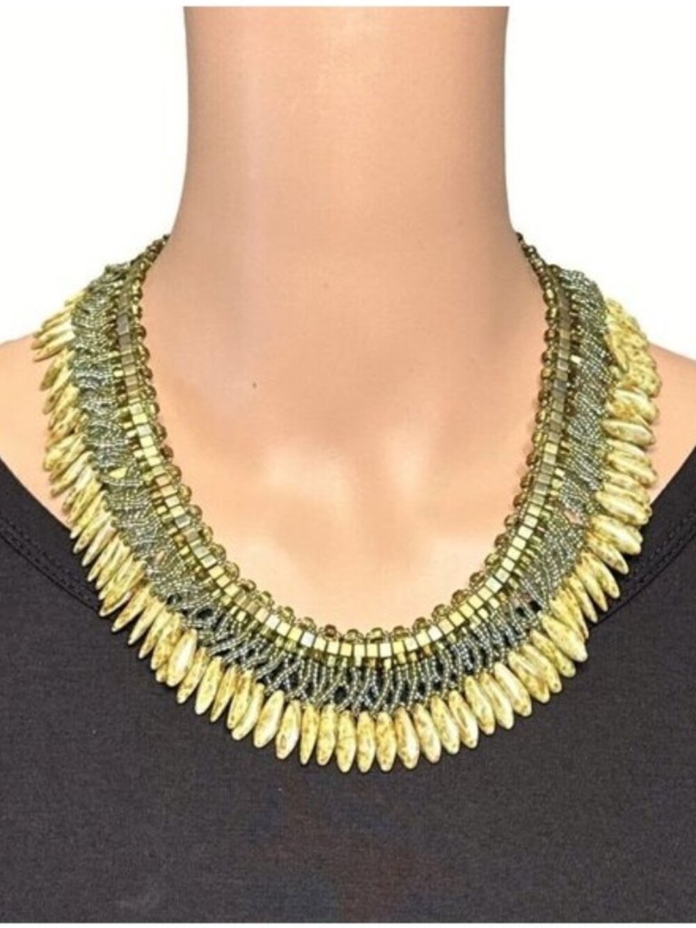 Statement Necklace Dagger Beaded Fringe Handmade Green Blue Tones Womens Jewelry
